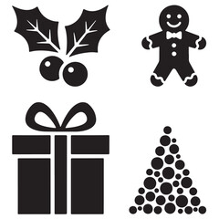 Holly, Gingerbread Man, Gift Box, and Bubble Christmas Tree Silhouette Vector Icons Set
