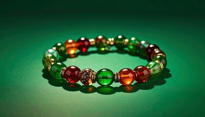 Multicolored beaded bracelet with round stones leaning against green block on monochromatic green background for editorial accessory photography wellness decor and poetic craftsmanship-themed visuals