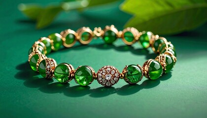 Multicolored beaded bracelet with round stones leaning against green block on monochromatic green background for editorial accessory photography wellness decor and poetic craftsmanship-themed visuals