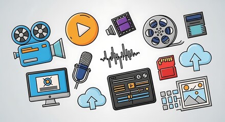 A vibrant collection of graphic icons illustrating digital media production, video editing, audio recording, and creative content development tools