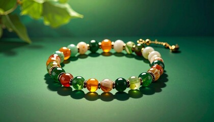 Multicolored beaded bracelet with round stones leaning against green block on monochromatic green background for editorial accessory photography wellness decor and poetic craftsmanship-themed visuals