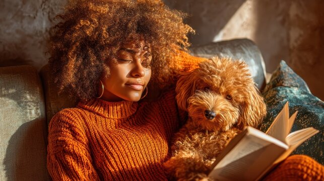 Person and dog on sofa reading together