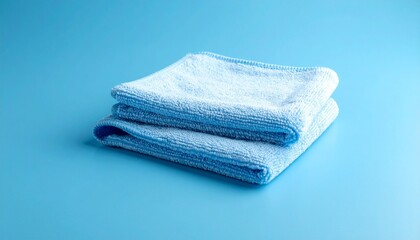 Two folded light blue towels stacked on smooth matching surface for editorial home photography cleanliness decor and poetic serenity-themed visuals