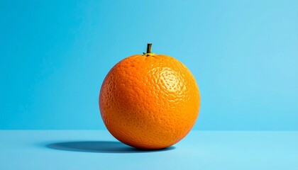 Single orange fruit centered on light blue background with textured peel for editorial food photography minimalist decor and poetic freshness-themed visuals