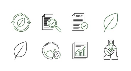 Eco-Friendly Business and Sustainability Icon Pack with Line Art Designs for Environmental Auditing, Carbon Neutral Initiatives, and Green Reporting