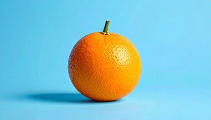 Single orange fruit centered on light blue background with textured peel for editorial food photography minimalist decor and poetic freshness-themed visuals