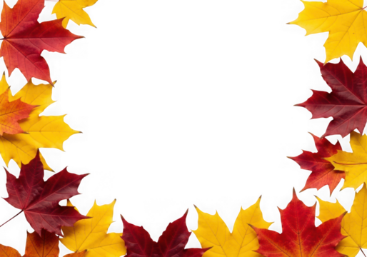 A circular frame made of colorful autumn maple leaves in red yellow isolated on transparent background