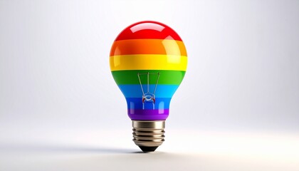 Rainbow-striped light bulb in LGBTQ+ pride colors glowing against dark background for editorial advocacy photography inclusive decor and poetic illumination-themed visuals