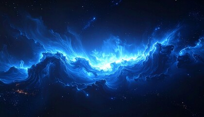 Abstract cosmic energy burst with glowing blue center and swirling plasma patterns on dark background for editorial science photography theoretical decor and poetic infinity-themed visuals