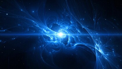 Abstract cosmic energy burst with glowing blue center and swirling plasma patterns on dark background for editorial science photography theoretical decor and poetic infinity-themed visuals
