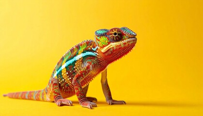 Colorful chameleon with vivid skin patterns and focused eye against bright yellow background for editorial wildlife photography nature decor and poetic adaptation-themed visuals