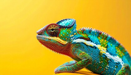 Colorful chameleon with vivid skin patterns and focused eye against bright yellow background for editorial wildlife photography nature decor and poetic adaptation-themed visuals