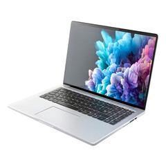 Modern silver laptop with colorful abstract wallpaper on screen isolated on transparent background