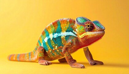Colorful chameleon with vivid skin patterns and focused eye against bright yellow background for editorial wildlife photography nature decor and poetic adaptation-themed visuals