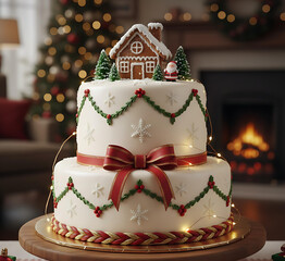 Delicious Christmas cake topped with fruits, nuts, and festive icing