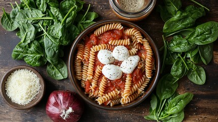 Bowl of spiral pasta features creamy mozzarella and fresh spinach, surrounded by rich tomato sauce and spices, creating an inviting and delicious meal scene