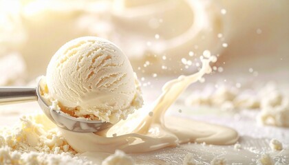Close-up of vanilla ice cream scoop with smooth texture lifted by metal scooper for editorial dessert photography culinary decor and poetic indulgence-themed visuals