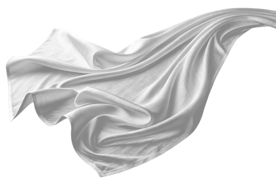 Silk's lustrous silver fabric flutters in the breeze against a transparent background. Composition material. Already cut out.