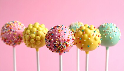 Colorful cake pops with icing and sprinkles arranged in row against bright blue background for editorial dessert photography celebration decor and poetic indulgence-themed visuals