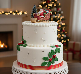 Delicious Christmas cake topped with fruits, nuts, and festive icing