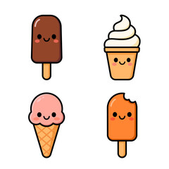 Vector illustration of four adorable ice creams with happy cartoon faces. A cheerful kawaii design perfect for prints, packaging, branding, and children`s projects.