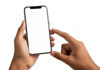 Person holding a smartphone with a blank screen, isolated on transparent background