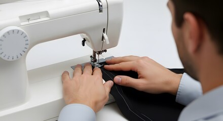 The process of making clothes by a male tailor using a modern sewing machine in warm white light with a work space background