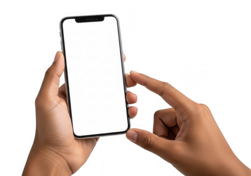 Person holding a smartphone with a blank screen, isolated on transparent background