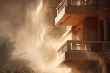 Desert Megacity Sandstorm Clearing To Tiered Stucco Balconies Casting Deep Shadows, Restricted Service Deck Vantage, Golden Clearing Light