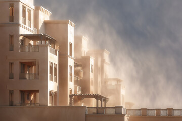 Desert Megacity Sandstorm Clearing To Tiered Stucco Balconies Casting Deep Shadows, Restricted Service Deck Vantage, Golden Clearing Light