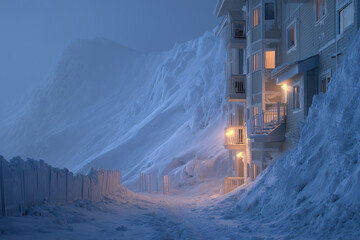 Alpine Apartment Terraces After Rime Ice With Avalanche Fences On Ridge, Blue Hour Warm Windows, Eye-Level Winter Residential Scene