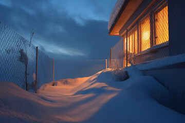 Alpine Apartment Terraces After Rime Ice With Avalanche Fences On Ridge, Blue Hour Warm Windows, Eye-Level Winter Residential Scene
