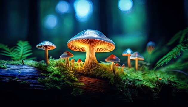 glowing mushrooms on mossy log in forest seen through ocular device