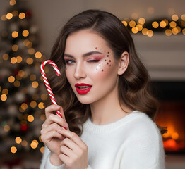 Beautiful women flaunting Christmas makeup with sparkling eyes and lips