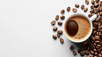 A steaming cup of coffee sits amidst scattered roasted coffee beans on a pristine white surface, emphasizing the inviting nature of this popular drink