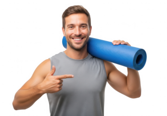 Smiling man holding yoga mat isolated on transparent background