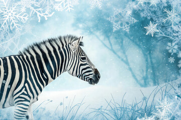 Naklejka premium Zebra in Snowy Winter Forest with Flakes