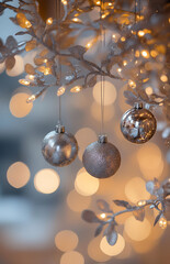 Beautiful sparkling Christmas ornament shining brightly on festive holiday tree