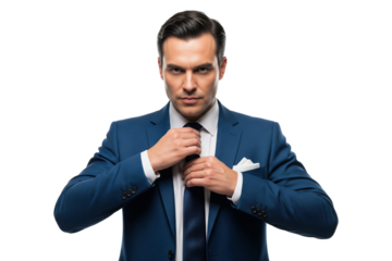 Confident businessman in a stylish blue suit adjusting his tie