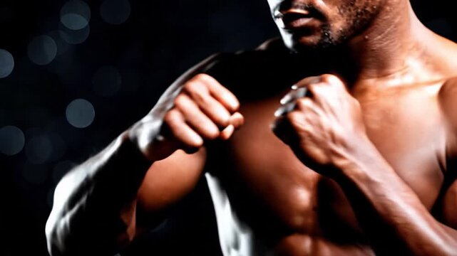 Muscular man flexing his biceps with intense focus on a dark background
