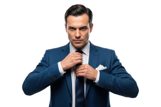Confident businessman in a stylish blue suit adjusting his tie - Powered by Adobe