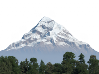 Snowy mountain peak with rugged slopes, surrounded by lush green forest and tall trees, under clear sky, evoking sense of tranquility and natural beauty