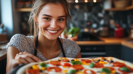 Young female chef is holding a delicious pizza in a cozy kitchen, filled with vibrant ingredients and a welcoming ambiance, highlighting her passion for cooking
