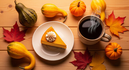 Warm autumn scene featuring pumpkin cheesecake, hot coffee, gourds and fall leaves on a wooden table. Perfect for Thanksgiving, fall menus and cozy moments.