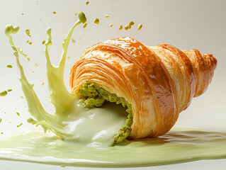 Croissant bursting with matcha cream is splattering onto a surface, highlighting the rich textures and vibrant colors of this delicious pastry creation