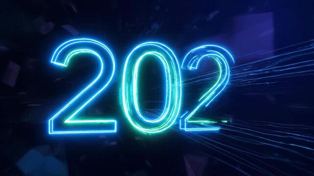 Neon number 202 glowing in dark space with digital particles and light streaks