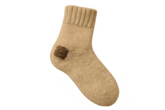 Single dirty beige wool sock with stain, worn clothing needing washing isolated on transparent background