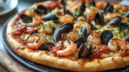 Seafood pizza featuring shrimp and mussels, garnished with fresh herbs, presented on a wooden platter, highlighting vibrant colors and inviting textures for food lovers