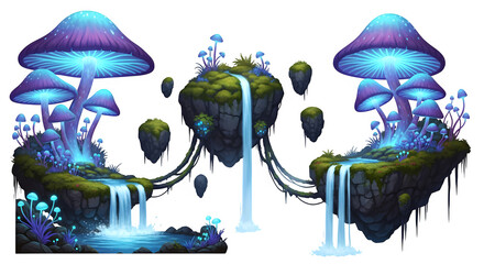 Fantasy island with glowing mushrooms and waterfall isolated on transparent background