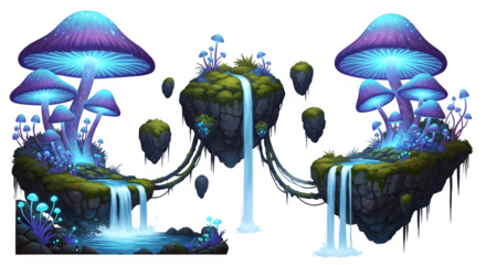 Fantasy island with glowing mushrooms and waterfall isolated on transparent background